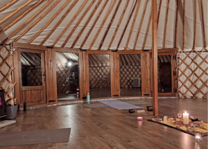 yoga, yurt, hen activity, wellness space, wood fired yurt